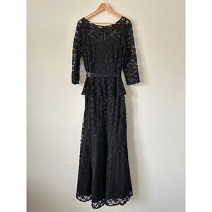 LF Black Floral Lace Sash Size 16 Peplum Gown with Satin Full Lengh Formal Dress